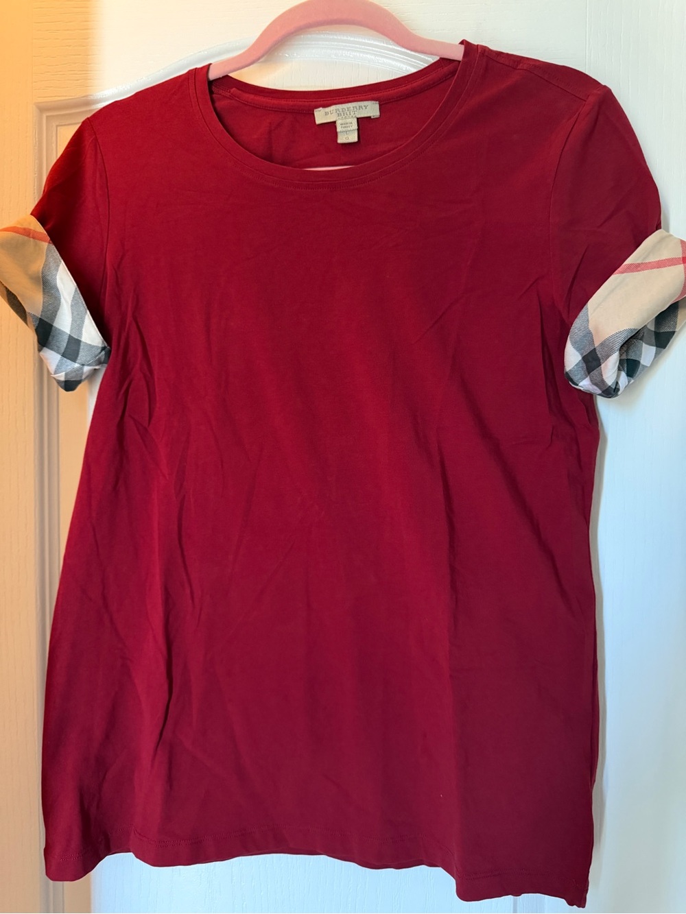 Burberry Red Short Sleeve Tee with Signature Check Cuffs